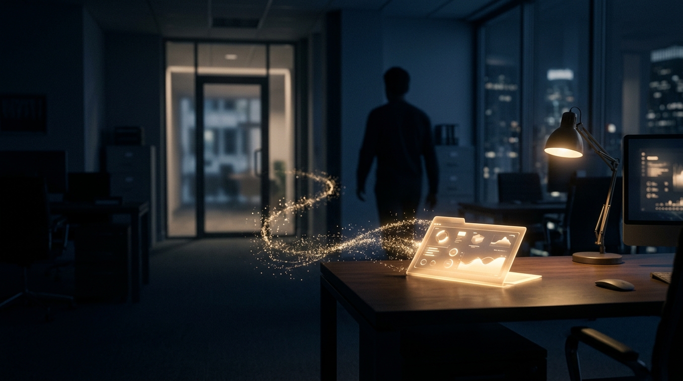 A customer-history folder dissolving as a silhouette walks away from an office desk