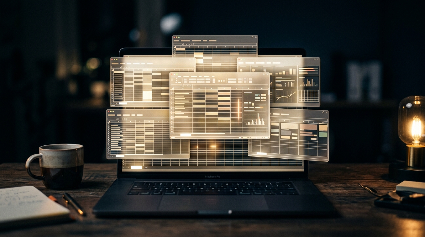 Multiple messy, overlapping spreadsheet windows open on a laptop screen