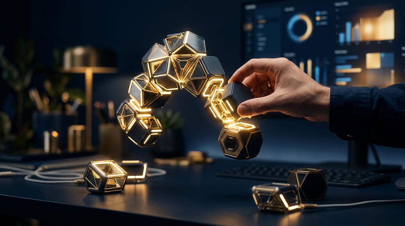 Modular blocks being assembled by a hand with gold connection points