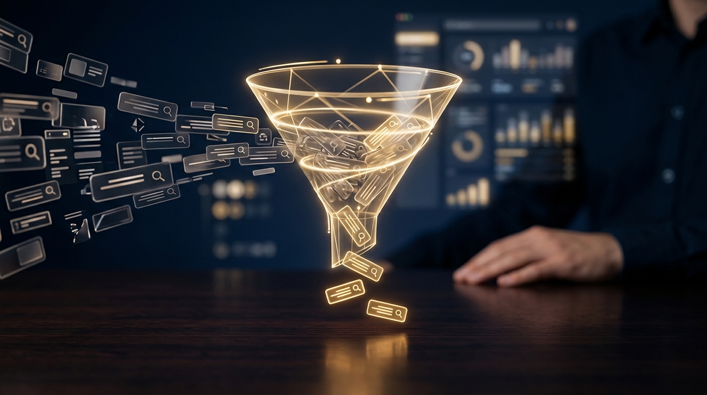Search queries filtered through a funnel, only a few lit ones passing through