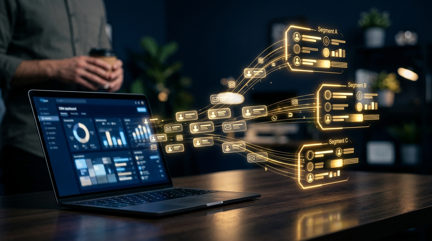 Customer records flowing out of a CRM and sorting into segment groups