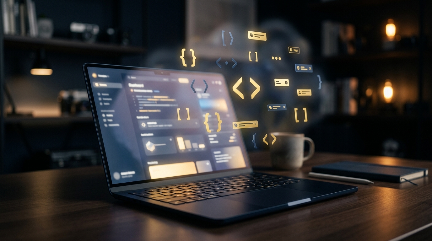 Abstract code brackets and tag chips floating above a laptop