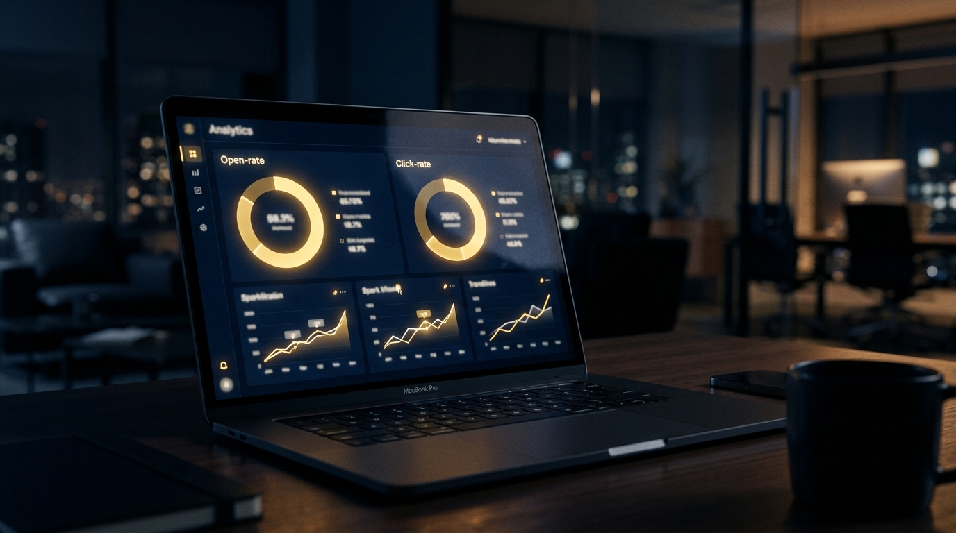 A dashboard with gold ring charts and rising trend lines