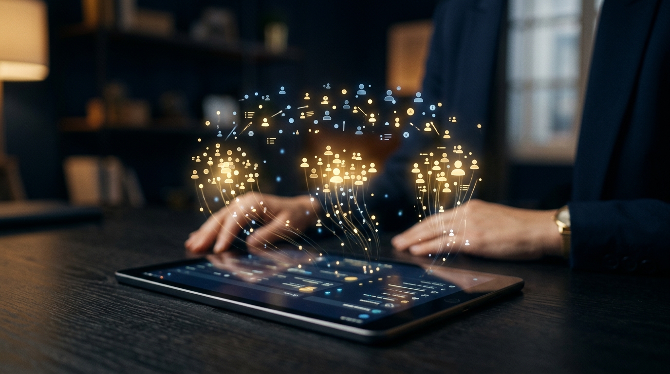 Contact particles being sorted into gold-lit clusters on a tablet screen