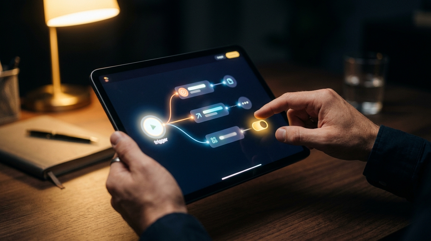 Setting up a trigger-and-action automation flow on a tablet